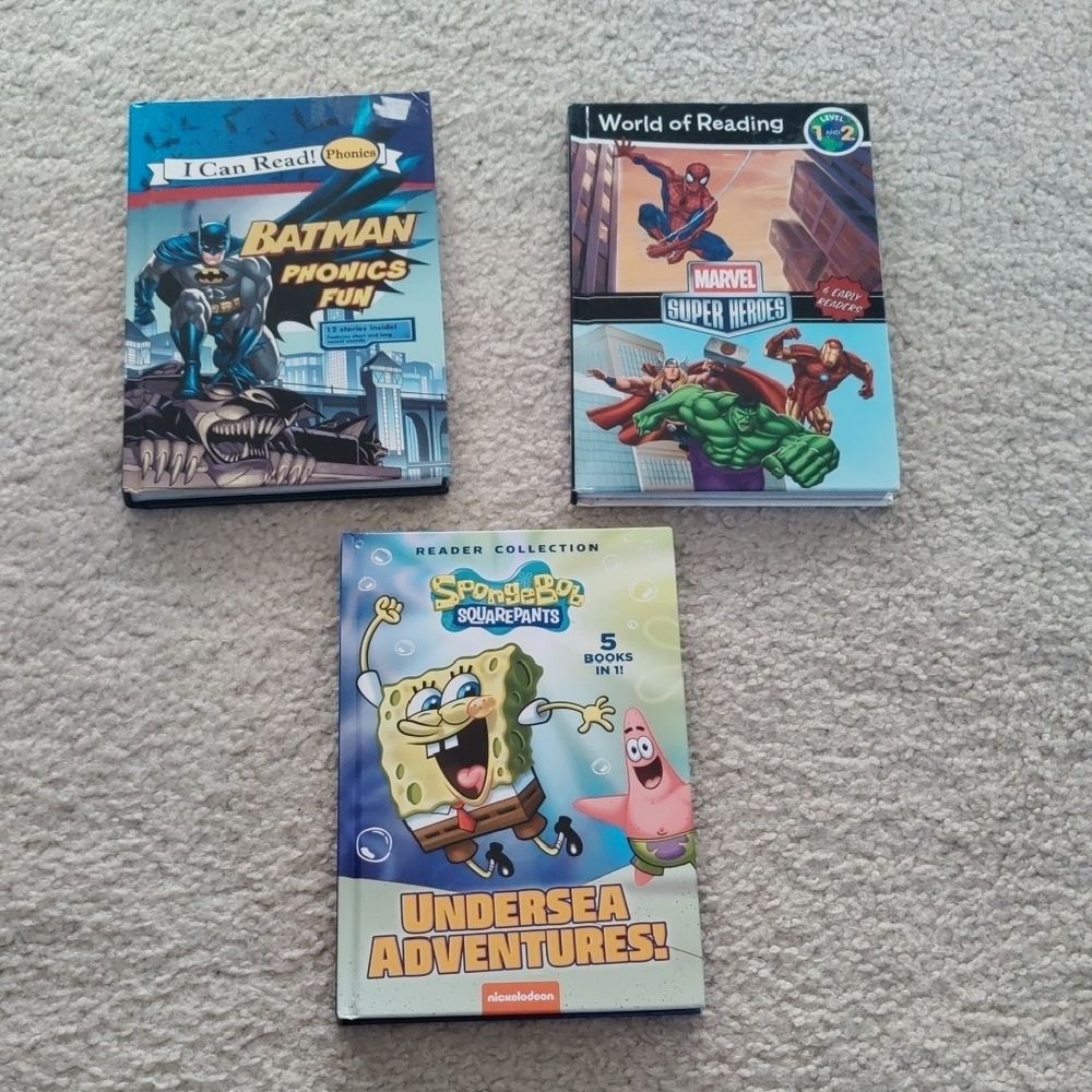 Lot Of 3 Hardcover Books Phonics Early Readers Collection Spongebob, Marvel